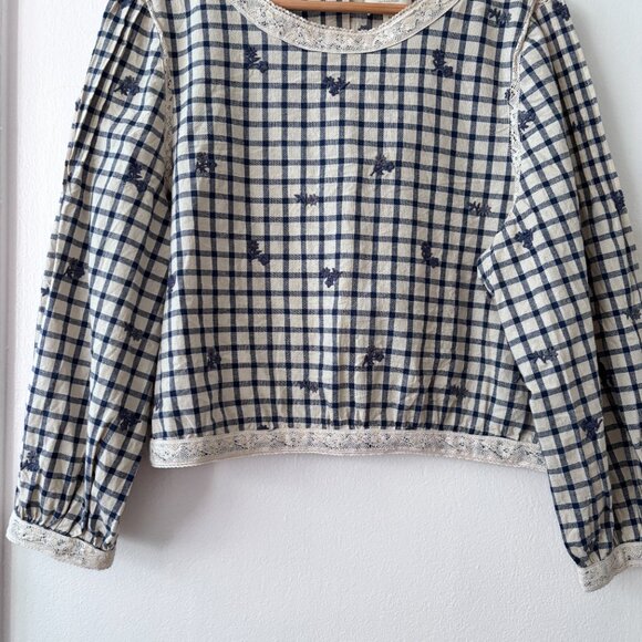 Sezane Thalyna Blouse Blue Floral Embroidery on Vichy Fabric - Picture 7 of 10